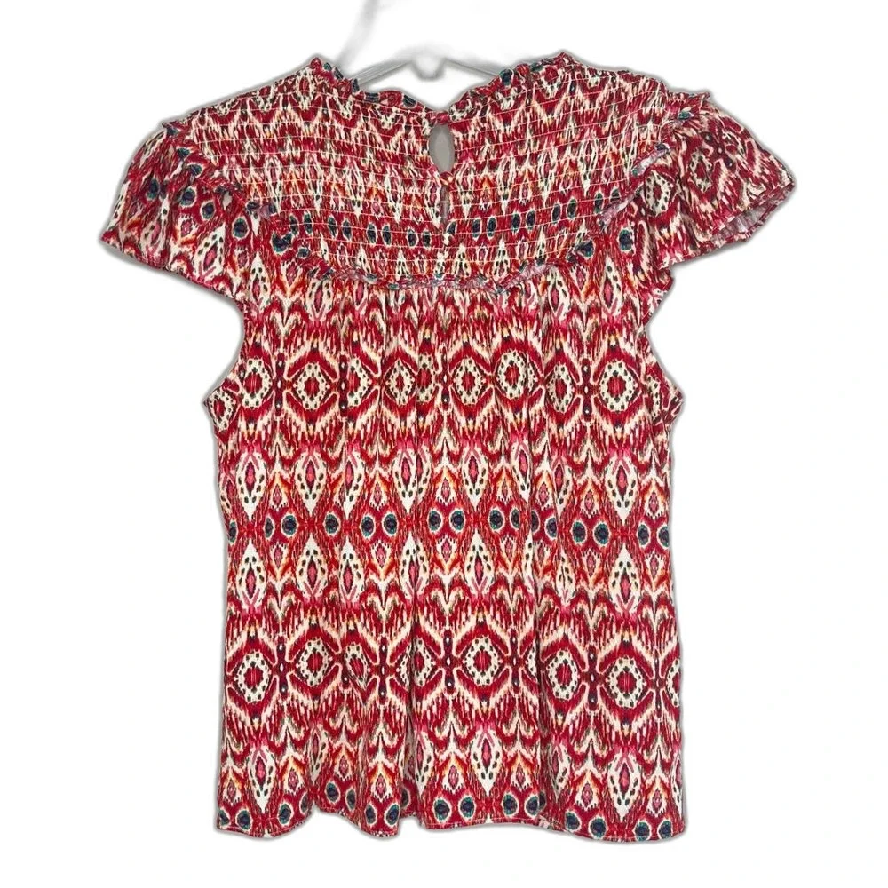 Rose & Olive Boho Smocked Flutter Sleeve Tribal Print Blouse SZ L Western Aztec - Picture 4 of 14